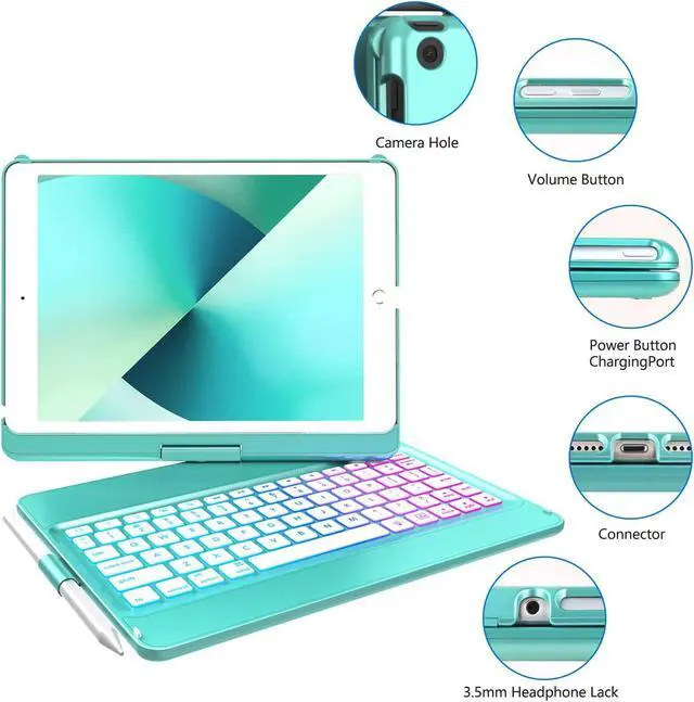 Alt view image 5 of 5 - MMK Keyboard Case for iPad 10.2 inch 9th Gen 2021,iPad 8th Generation 2020,iPad 7th Generation 2019,7 Color Backlit 360 Rotatable Wireless Detachable Bluetooth Keyboard Cover Tablet Case