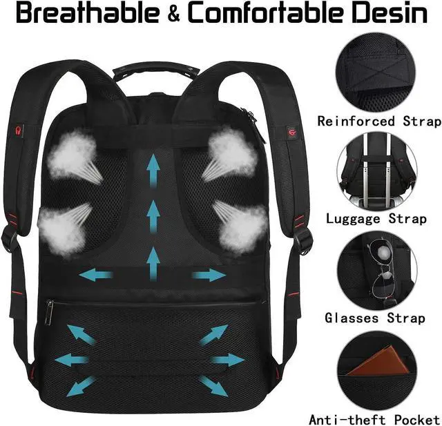 Alt view image 3 of 5 - 18.4 Laptop Backpack for Men, 55L-60L Extra Large Gaming Laptops Backpack with USB Charger Port, TSA Friendly Flight Approved RFID Anti-theft Pocket, Water Resistant Suiltable for Travel Business Work