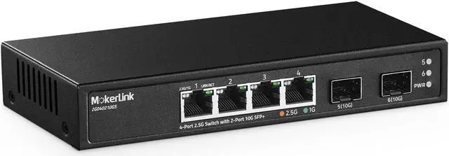 Main image of MokerLink 4 Port 2.5G Ethernet Switch with 2 Port 10G SFP+ Slot, 4 x 2.5G Base-T Ports Compatible with 10/100/1000Mbps, Metal Unmanaged Fanless Small Network Switch