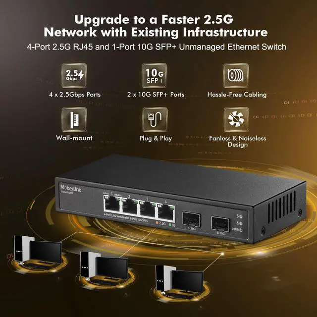 Alt view image 2 of 5 - MokerLink 4 Port 2.5G Ethernet Switch with 2 Port 10G SFP+ Slot, 4 x 2.5G Base-T Ports Compatible with 10/100/1000Mbps, Metal Unmanaged Fanless Small Network Switch