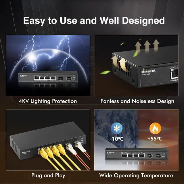 Alt view image 5 of 5 - MokerLink 4 Port 2.5G Ethernet Switch with 2 Port 10G SFP+ Slot, 4 x 2.5G Base-T Ports Compatible with 10/100/1000Mbps, Metal Unmanaged Fanless Small Network Switch