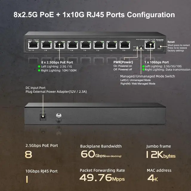 Alt view image 5 of 5 - MokerLink 8 Port 2.5G PoE Managed Switch with 1 Port 10G Ethernet Uplink, IEEE8023af/at PoE 120W, Metal Web Managed Fanless Network Switch