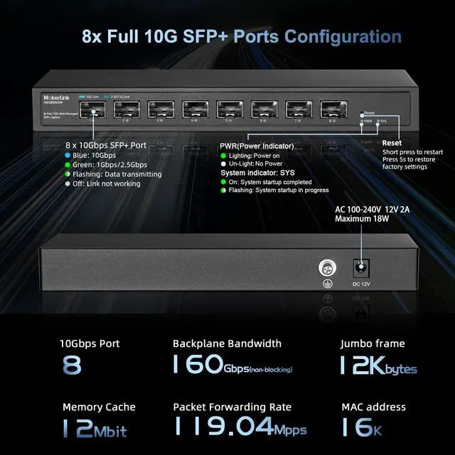 Alt view image 4 of 5 - MokerLink 8 Port 10Gbps SFP+ Managed Switch, Support 1G/2.5G/10G SFP Module, 160Gbps Bandwidth, Metal Fanless Web Managed Network Switch