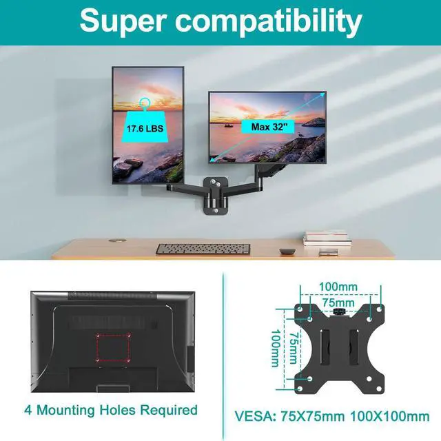 Alt view image 3 of 5 - MOUNT PRO Dual Monitor Wall Mount for 13 to 32 Inch Computer Screens and Universal Non-VESA Monitor Mount Adapter