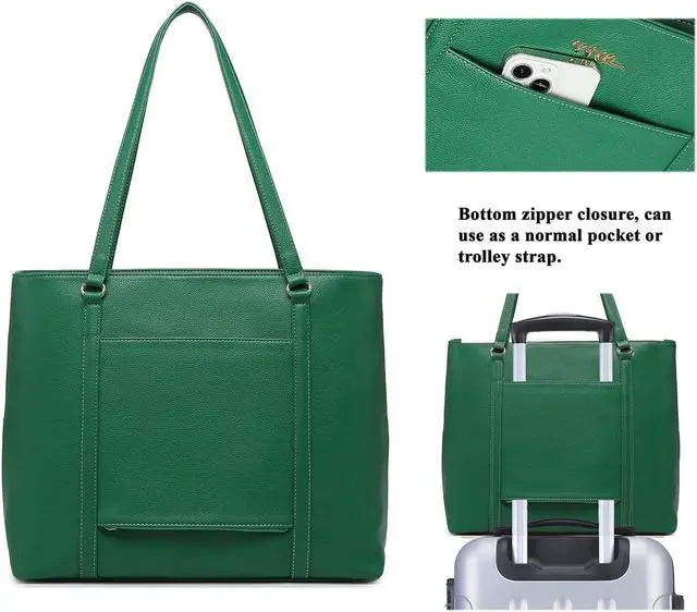 Alt view image 2 of 5 - NNEE Classic Laptop Leather Tote Bag for 15 15.6 inch Notebook Computers Travel Carrying Bag with Smart Trolley Strap Design - Green