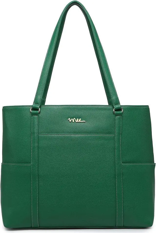 Main image of NNEE Classic Laptop Leather Tote Bag for 15 15.6 inch Notebook Computers Travel Carrying Bag with Smart Trolley Strap Design - Green