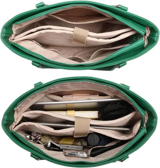 Alt view image 5 of 5 - NNEE Classic Laptop Leather Tote Bag for 15 15.6 inch Notebook Computers Travel Carrying Bag with Smart Trolley Strap Design - Green