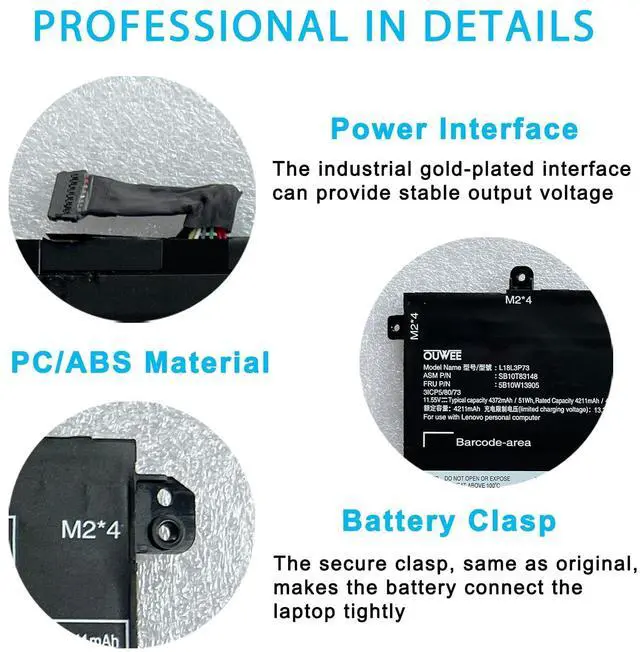 Alt view image 3 of 5 - OUWEE L18L3P73 Laptop Battery Compatible with Lenovo ThinkPad T490 T495 P43S Series SB10K97645 02DL007 L18M3P73 L18M4P73 SB10K97646 L18C3P72 L18M4P74 L18C3P71 SB10K97648 02DL010 11.55V 51Wh 4372mAh
