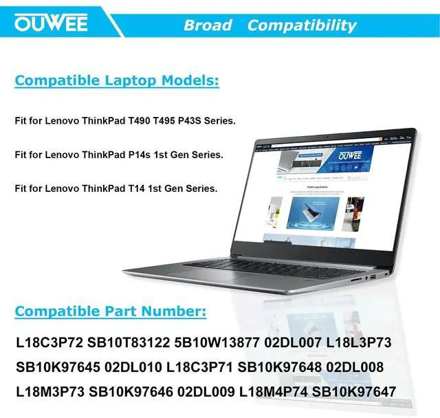 Alt view image 5 of 5 - OUWEE L18L3P73 Laptop Battery Compatible with Lenovo ThinkPad T490 T495 P43S Series SB10K97645 02DL007 L18M3P73 L18M4P73 SB10K97646 L18C3P72 L18M4P74 L18C3P71 SB10K97648 02DL010 11.55V 51Wh 4372mAh