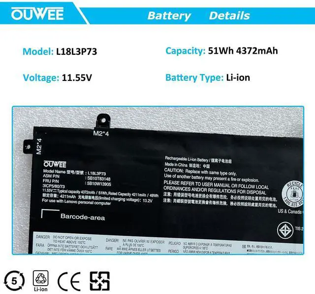 Alt view image 2 of 5 - OUWEE L18L3P73 Laptop Battery Compatible with Lenovo ThinkPad T490 T495 P43S Series SB10K97645 02DL007 L18M3P73 L18M4P73 SB10K97646 L18C3P72 L18M4P74 L18C3P71 SB10K97648 02DL010 11.55V 51Wh 4372mAh