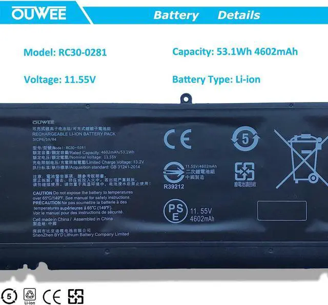 Alt view image 2 of 5 - OUWEE RC30-0281 Laptop Battery Compatible with Razer Blade Stealth 13.3 Early 2018 2019 RZ09-0281 RZ09-02810 RZ09-02812 RZ09-0310 RZ09-03100 RZ09-03101 Series RC30-028102 3ICP6/59/84 11.55V 53.1Wh