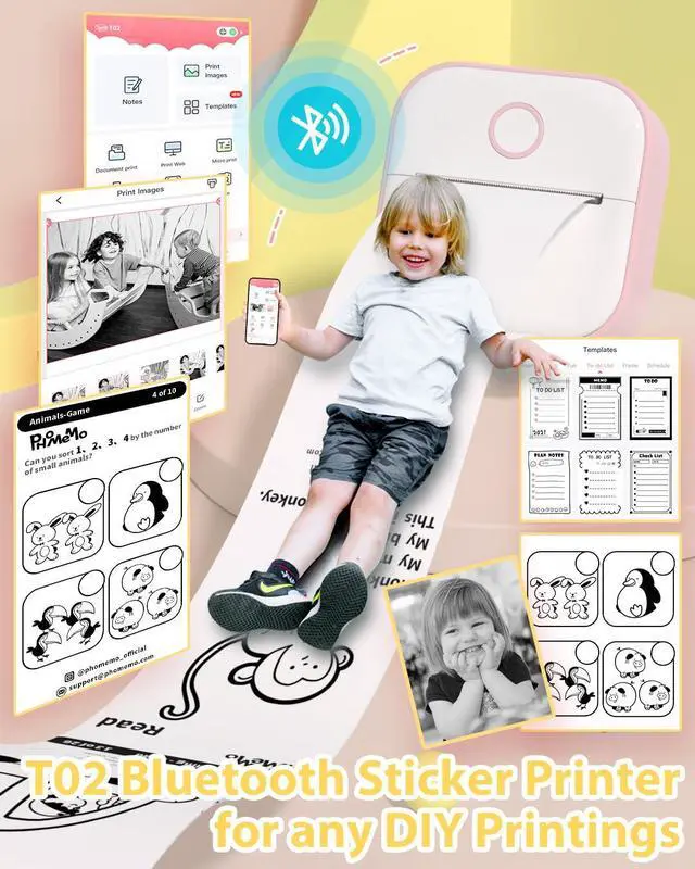 Alt view image 3 of 5 - Phomemo T02 Printer Set with 3 Rolls Paper Inkeless Printer- Mini Printer Sticker Maker Bluetooth Thermal Pocket Printer for Study Notes, Stickers, Photos, DIY Printing, for Birthday,Pink