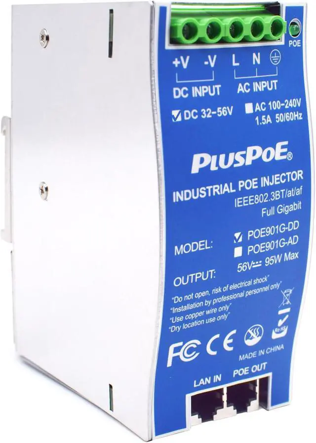 Main image of Industrial Gigabit PoE++ Injector, 95W IEEE 802.3BT / 802.3at / 802.3af Compliant PoE (15.4W), PoE+ (30W), or PoE++(90W), Battery Powered PoE Injector DC Input 48V (36-56V), DIN Rail Mount