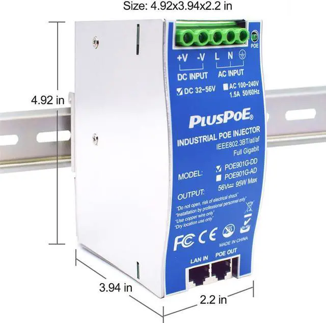 Alt view image 5 of 5 - Industrial Gigabit PoE++ Injector, 95W IEEE 802.3BT / 802.3at / 802.3af Compliant PoE (15.4W), PoE+ (30W), or PoE++(90W), Battery Powered PoE Injector DC Input 48V (36-56V), DIN Rail Mount