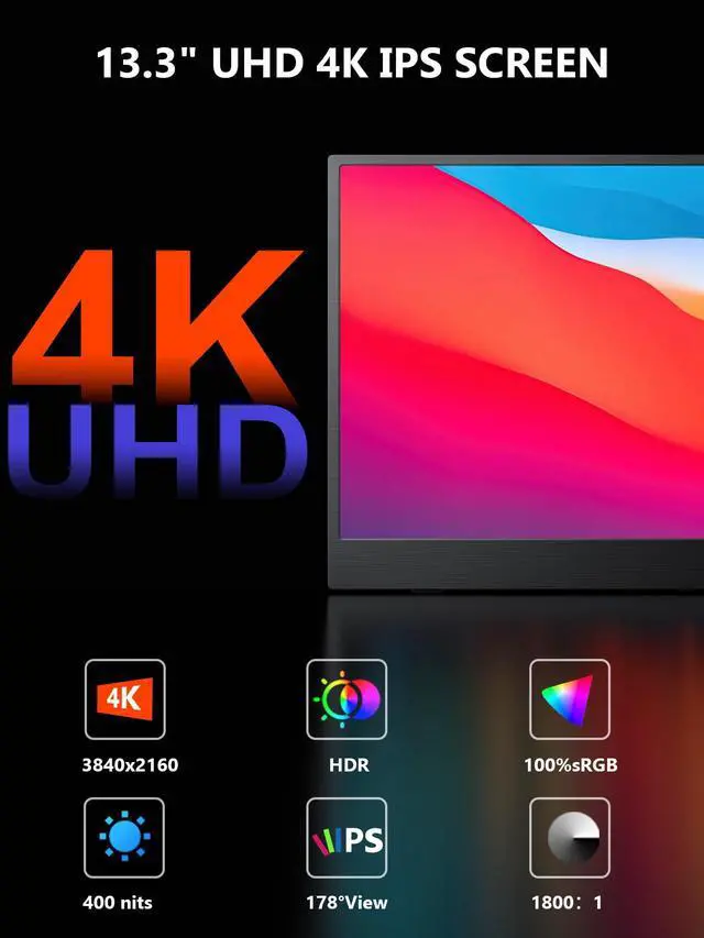 Alt view image 2 of 5 - 4K Portable Monitor, 13.3" UHD IPS Portable Laptop Monitor, Second Monitor Dual USB C HDMI Computer Gaming Display with Speakers, Travel Monitor for PC Phone PS4/5 Xbox Switch