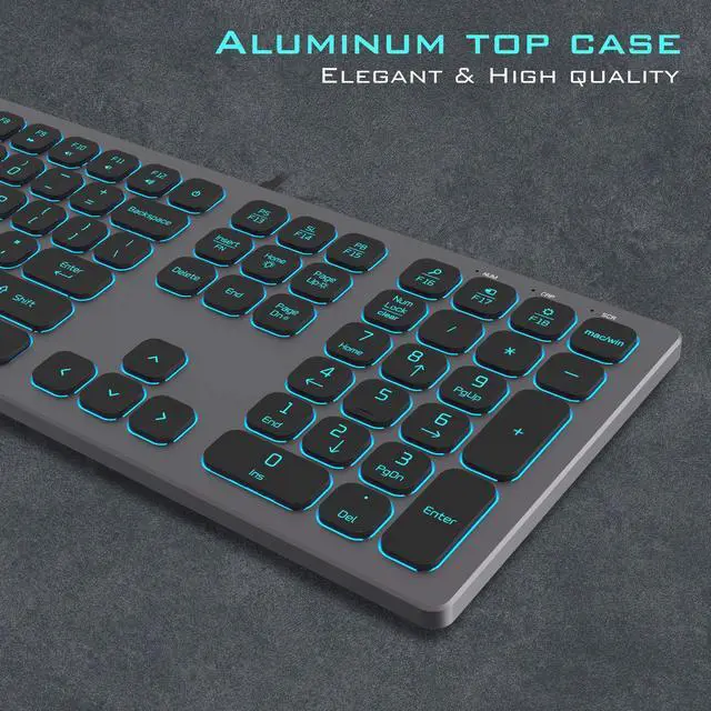 Alt view image 2 of 5 - POWZAN Aluminum Quiet Wired Keyboard Backlit- Slim Chiclet Keyboard Compatible with Apple iMac, MacBook, Mac and PC, USB Keyboard Numeric Keypad RGB Lighted Key - Space Gray