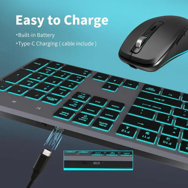 Alt view image 4 of 5 - POWZAN Backlit Wireless Keyboard and Mouse, Rechargeable Quiet Wireless Keyboard Mouse Combo, Jiggle Mouse, 2.4G Cordless USB Keyboard Slim Full Size for Apple iMac, MacBook, laptop and PC, Space Gray