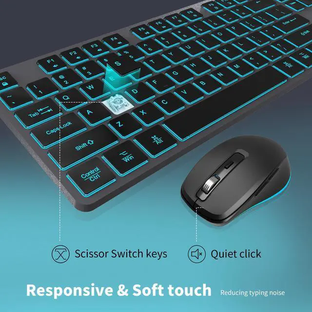 Alt view image 3 of 5 - POWZAN Backlit Wireless Keyboard and Mouse, Rechargeable Quiet Wireless Keyboard Mouse Combo, Jiggle Mouse, 2.4G Cordless USB Keyboard Slim Full Size for Apple iMac, MacBook, laptop and PC, Space Gray