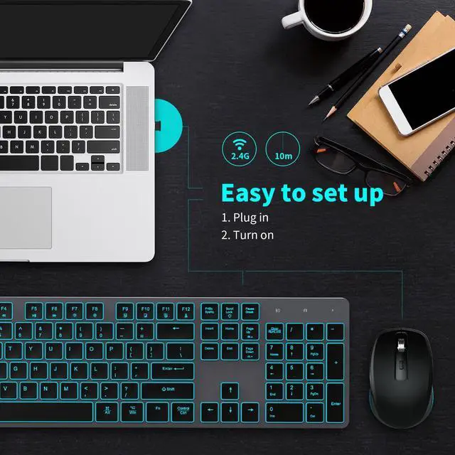 Alt view image 5 of 5 - POWZAN Backlit Wireless Keyboard and Mouse, Rechargeable Quiet Wireless Keyboard Mouse Combo, Jiggle Mouse, 2.4G Cordless USB Keyboard Slim Full Size for Apple iMac, MacBook, laptop and PC, Space Gray