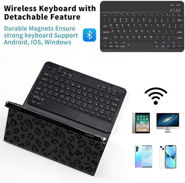 Alt view image 4 of 5 - Qindaiwen Keyboard Case for  Fire HD 10 Tablet (13th/11th Generation,2023/2021 Release) 10.1", PU Leather Stand Cover with Detachable Bluetooth Keyboard, Black Leopard Print