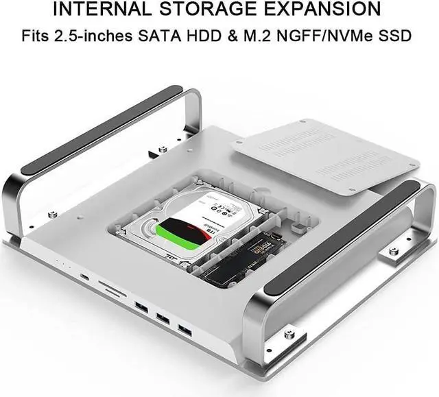 Alt view image 2 of 5 - Qwiizlab USB C Hub Stand with Dual Drive Enclosure, Docking Station for Mac Studio Mac mini M2/M1/Intel, Type-C 10Gbps, Card Readers 100MB/s, Fits M.2 NVMe NGFF SSD & 2.5'' SATA SSD (Silver)