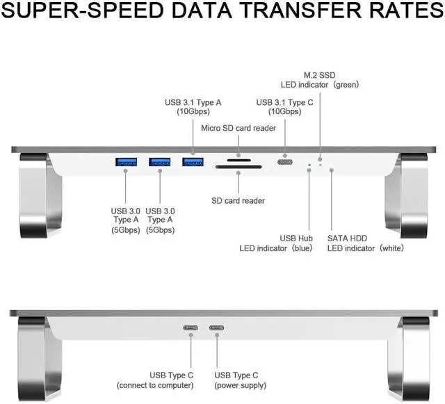 Alt view image 3 of 5 - Qwiizlab USB C Hub Stand with Dual Drive Enclosure, Docking Station for Mac Studio Mac mini M2/M1/Intel, Type-C 10Gbps, Card Readers 100MB/s, Fits M.2 NVMe NGFF SSD & 2.5'' SATA SSD (Silver)