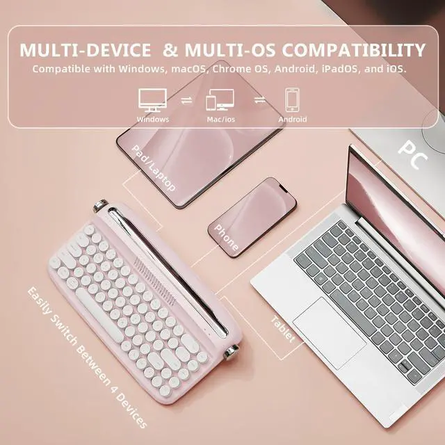 Alt view image 3 of 5 - YUNZII Upgraded Wireless Typewriter Keyboard, Retro Aesthetic with Integrated Stand,Cute Round Keycaps, USB-C/Bluetooth Connection for Table, Phone, PC and Win/Mac/Android (B307, Baby Pink)