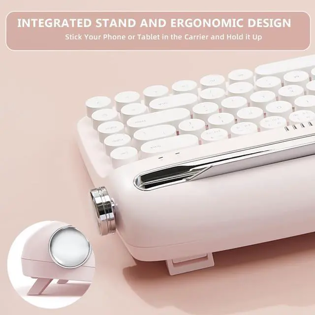 Alt view image 4 of 5 - YUNZII Upgraded Wireless Typewriter Keyboard, Retro Aesthetic with Integrated Stand,Cute Round Keycaps, USB-C/Bluetooth Connection for Table, Phone, PC and Win/Mac/Android (B307, Baby Pink)