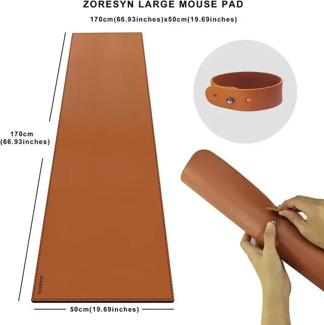 Alt view image 2 of 5 - ZORESYN PU Leather Desk Mat Waterproof Anti-Oil Dining Table mat - 66.9" x 19.7" - Non-Slip Mouse Pad,Large Desk Pad with Suede Base,Stitched Edges Computer Desk Mat for Gamer,Office & Home | Brown