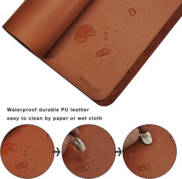 Alt view image 4 of 5 - ZORESYN PU Leather Desk Mat Waterproof Anti-Oil Dining Table mat - 66.9" x 19.7" - Non-Slip Mouse Pad,Large Desk Pad with Suede Base,Stitched Edges Computer Desk Mat for Gamer,Office & Home | Brown