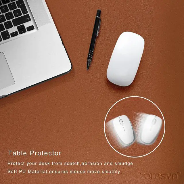 Alt view image 5 of 5 - ZORESYN PU Leather Desk Mat Waterproof Anti-Oil Dining Table mat - 66.9" x 19.7" - Non-Slip Mouse Pad,Large Desk Pad with Suede Base,Stitched Edges Computer Desk Mat for Gamer,Office & Home | Brown