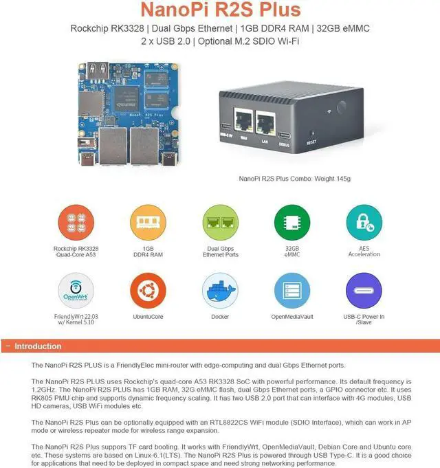 Alt view image 2 of 5 - youyeetoo FriendlyElec Nanopi R2S Plus Mini Router, 1GB DDR4, 32GB eMMC, RK3328 Soc, OpenWRT with Dual-Gbps Ethernet, for IOT NAS Smart Home Gateway, Portable Travel (R2S Plus WiFi Combo)