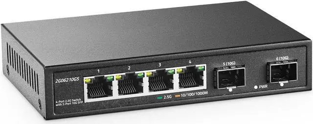 Main image of YuLinca 4 Port 2.5G Network Switch with 2x10G SFP, 2.5Gbps Network Hub Ethernet Splitter, Compatible with 100/1000/2500Mbps, Multi-Gigabit Fanless Unmanaged Metal Desktop Gaming Switch