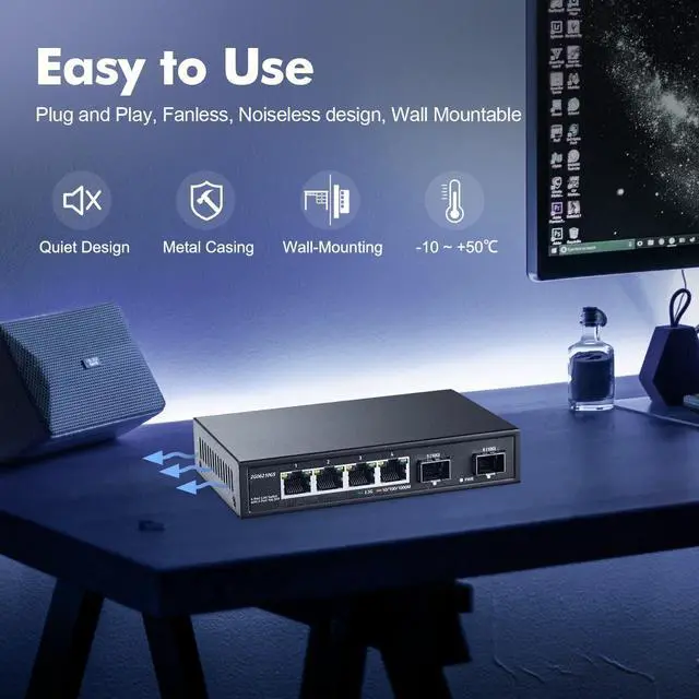 Alt view image 4 of 5 - YuLinca 4 Port 2.5G Network Switch with 2x10G SFP, 2.5Gbps Network Hub Ethernet Splitter, Compatible with 100/1000/2500Mbps, Multi-Gigabit Fanless Unmanaged Metal Desktop Gaming Switch