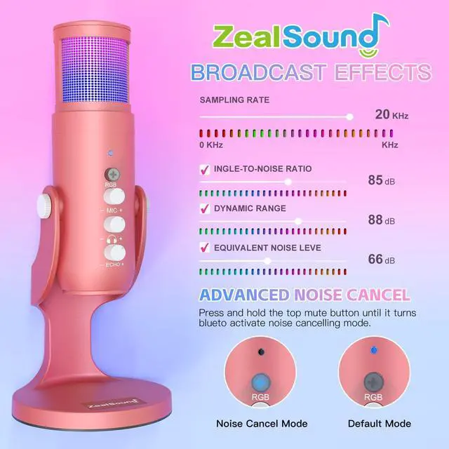 Alt view image 5 of 5 - ZealSound USB Condenser Microphone Pink for iPhone PC k66r and k68 Bundle