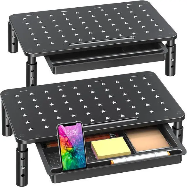 Alt view image 2 of 5 - Zimilar 2 Pack Height Adjustable Monitor Stand Riser with Drawer Dual Wood Monitor Stand Riser