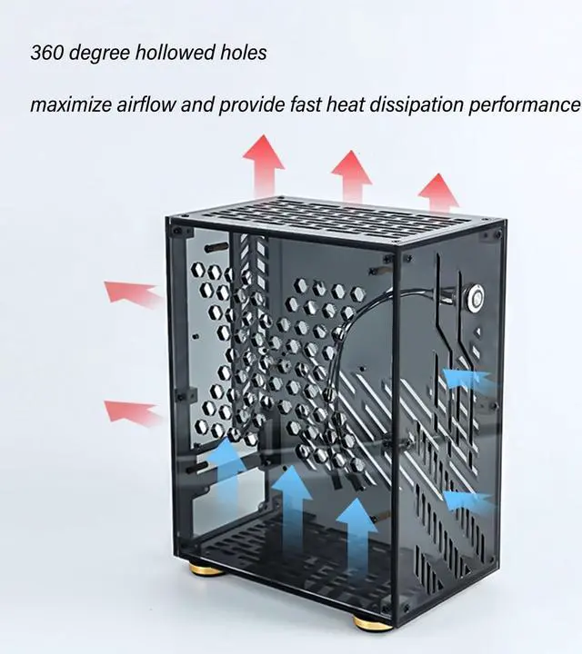 Alt view image 2 of 5 - Mini ITX Case Transparent, Portable Mini PC Case, Transparent Acrylic Chassis, 360 Degree Open Air Cooling, DIY Desktop Computer Case for FLEX 1U Power 2.5in SSD. (Black)