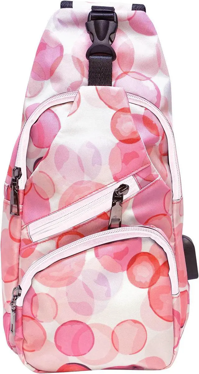 Main image of Nupouch Anti-Theft Daypack Crossbody Sling Backpack, USB Charging Connector Port, Lightweight Day Pack for Travel, Hiking, Everyday, Regular, Pink Bubbles