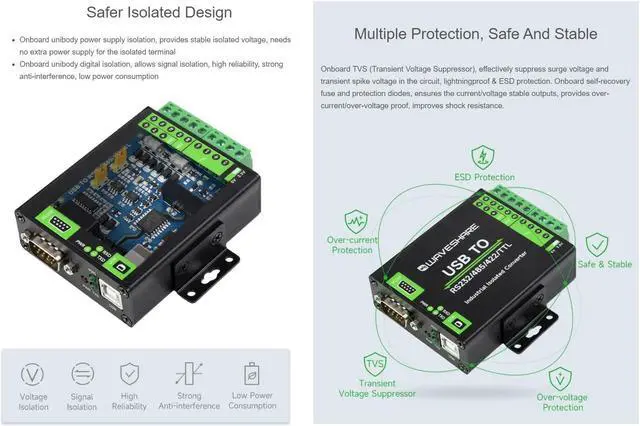 Alt view image 3 of 5 - waveshare USB to RS232/485/422/TTL(UART) Interface Converter, Industrial Isolated USB Converter Adapter, Adopt Original FT232RNL Chip,Multiple Protection,Compatible with Mac, Linux, Android, Windows