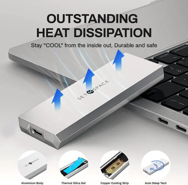 Alt view image 2 of 5 - SETMSPACE NVME Enclosure ['Tough Guy' Quality] 10 Gbps NVME & SATA, Solid Aluminium Alloy Case for M-Key SSD, Screw Fixed M.2 Enclosure with USB C/A Cable, SSD Enclosure for 2230/2242/2260/2280-NEW