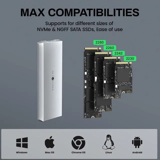 Alt view image 3 of 5 - SETMSPACE NVME Enclosure ['Tough Guy' Quality] 10 Gbps NVME & SATA, Solid Aluminium Alloy Case for M-Key SSD, Screw Fixed M.2 Enclosure with USB C/A Cable, SSD Enclosure for 2230/2242/2260/2280-NEW