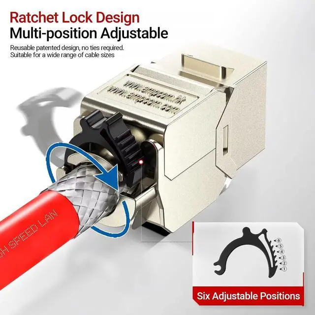 Alt view image 2 of 5 - AMPCOM CAT7 Keystone Jack Ratchet Zip-tie Design, 10Gbps 600Mhz Shielded Zinc-Alloy RJ45 Tool-Free Keystone Connector 12-Pack