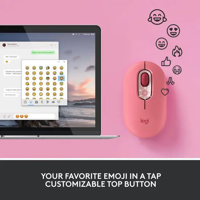 Alt view image 3 of 5 - Logitech POP Mouse, Wireless Mouse with Customizable Emojis, SilentTouch Technology, Precision/Speed Scroll, Compact Design, Bluetooth, Multi-Device, OS Compatible - Heartbreaker Rose
