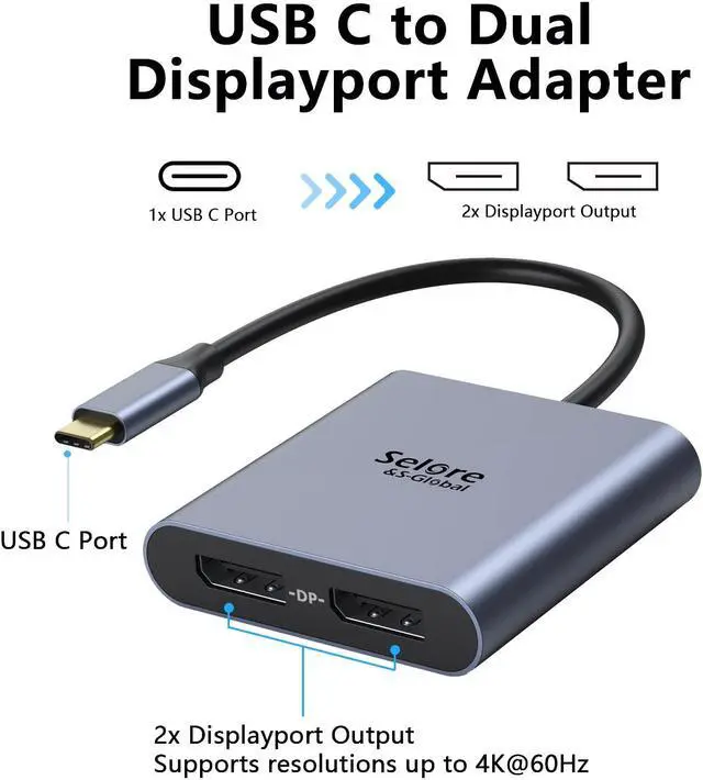 Alt view image 2 of 5 - USB-C to Dual 4K DisplayPort Splitter Adapter, USB Type C to Displayport Dual Monitor Converter 4K 60HZ, USB C Displayport Hub Compatible for Dell XPS 13 15,Lenovo Yoga,Sumsung Chromebook,HP etc