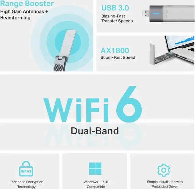 Alt view image 2 of 5 - TP-Link AX1800 WiFi 6 USB Adapter for Desktop PC (Archer TX21UH) Wireless Network Adapter with 2.4GHz, 5GHz, MU-MIMO, OFDMA, High Gain Dual Band 5dBi Antenna, WPA3, Supports Windows 11/10