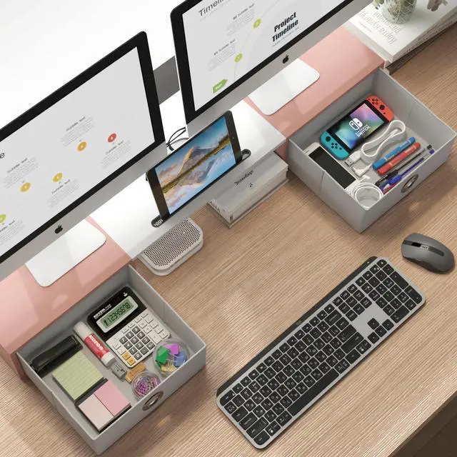 Alt view image 2 of 5 - WESTREE Dual Monitor Stand Riser with Two Drawers, Extra Large Storage Monitor Stand for 2 Monitors, Desktop Oraganizer Stand for Computer,Laptop,Screen,Printer,TV