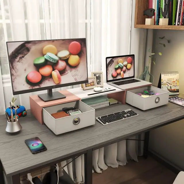 Alt view image 4 of 5 - WESTREE Dual Monitor Stand Riser with Two Drawers, Extra Large Storage Monitor Stand for 2 Monitors, Desktop Oraganizer Stand for Computer,Laptop,Screen,Printer,TV
