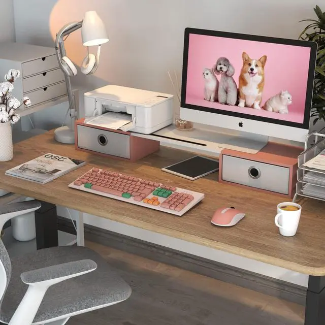 Alt view image 5 of 5 - WESTREE Dual Monitor Stand Riser with Two Drawers, Extra Large Storage Monitor Stand for 2 Monitors, Desktop Oraganizer Stand for Computer,Laptop,Screen,Printer,TV