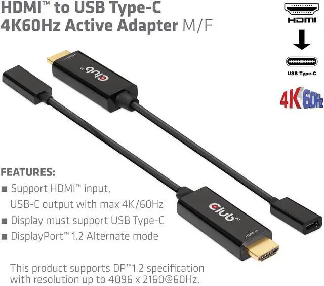Alt view image 2 of 5 - Club 3D CAC-1333 HDMI 2.0 to USB Type C 4K60Hz M/F Active Adapter