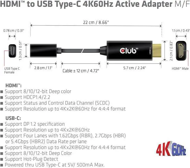 Alt view image 3 of 5 - Club 3D CAC-1333 HDMI 2.0 to USB Type C 4K60Hz M/F Active Adapter